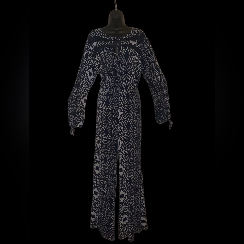 Charlotte Russe Navy Blue and White Geometric Long Sleeve Jumpsuit